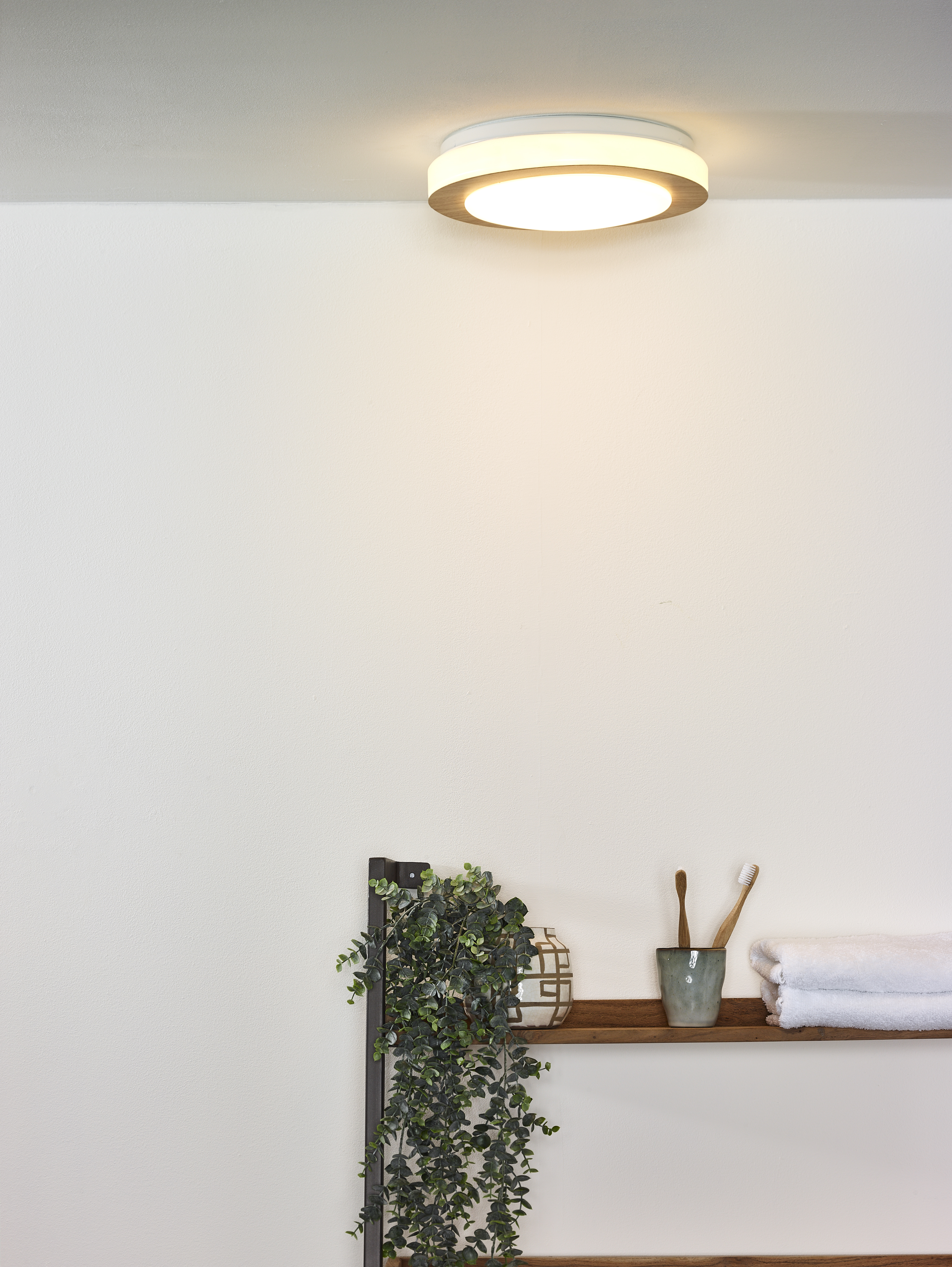 IP21 Lucide DIMY LED Dim Ø 28,6 cm Plafonnier Salle de bains Bois clair - 1x12W 3000K 