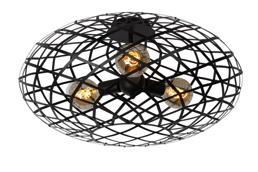Lucide WOLFRAM - Plafonnière - Ø 65 cm - 3xE27 - Zwart - aan