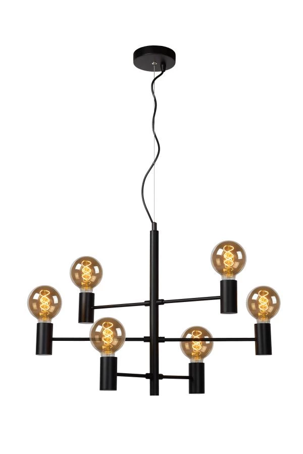 Lucide LEANNE - Hanglamp - 6xE27 - Zwart - aan