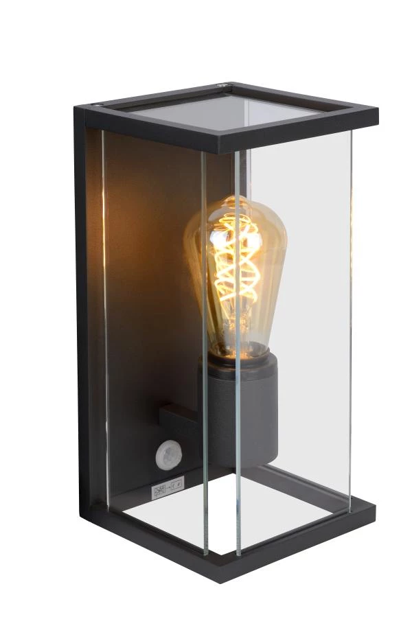 Lucide CLAIRE - Wandlamp Binnen/Buiten - 1xE27 - IP54 - Bewegingssensor - Antraciet - aan