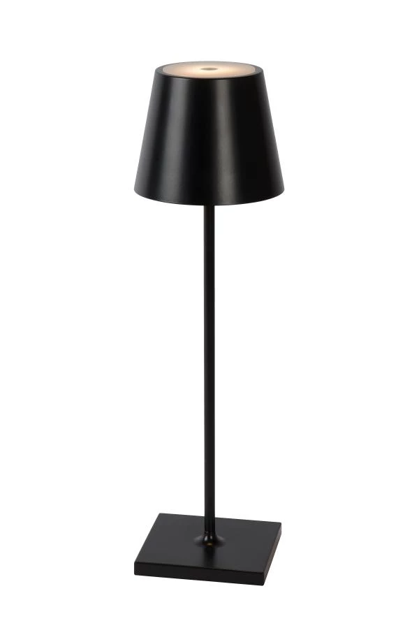 Lucide JUSTIN - Oplaadbare Tafellamp Buiten - Accu/Batterij - Ø 11 cm - LED Dimb. - 1x2,2W 2700K/3000K - IP54 - 3 StepDim - Zwart - aan