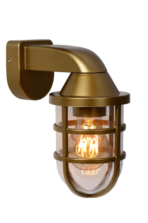 Lucide LEWIS - Wandlamp Buiten - 1xE27 - IP44 - Mat Goud / Messing - aan 2