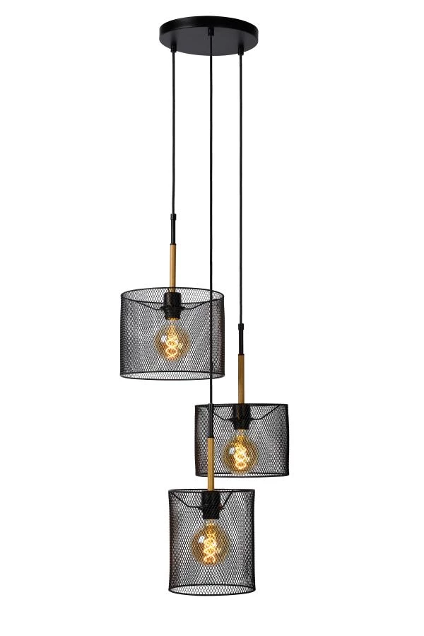 Lucide BASKETT - Hanglamp - 3xE27 - Zwart - aan