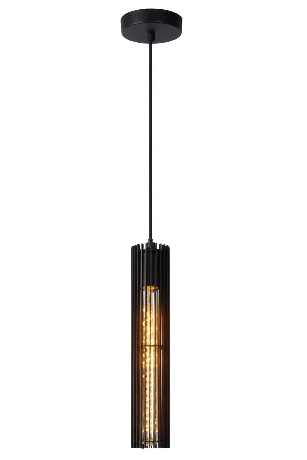 Lucide LIONEL - Lámpara colgante - Ø 6,5 cm - 1xE27 - Negro - encendido
