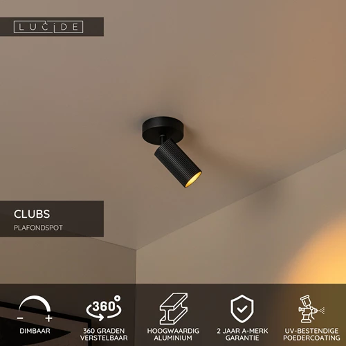 Lucide CLUBS - Bedlamp / Wandlamp - 1xGU10 - Zwart - Nu 19% korting