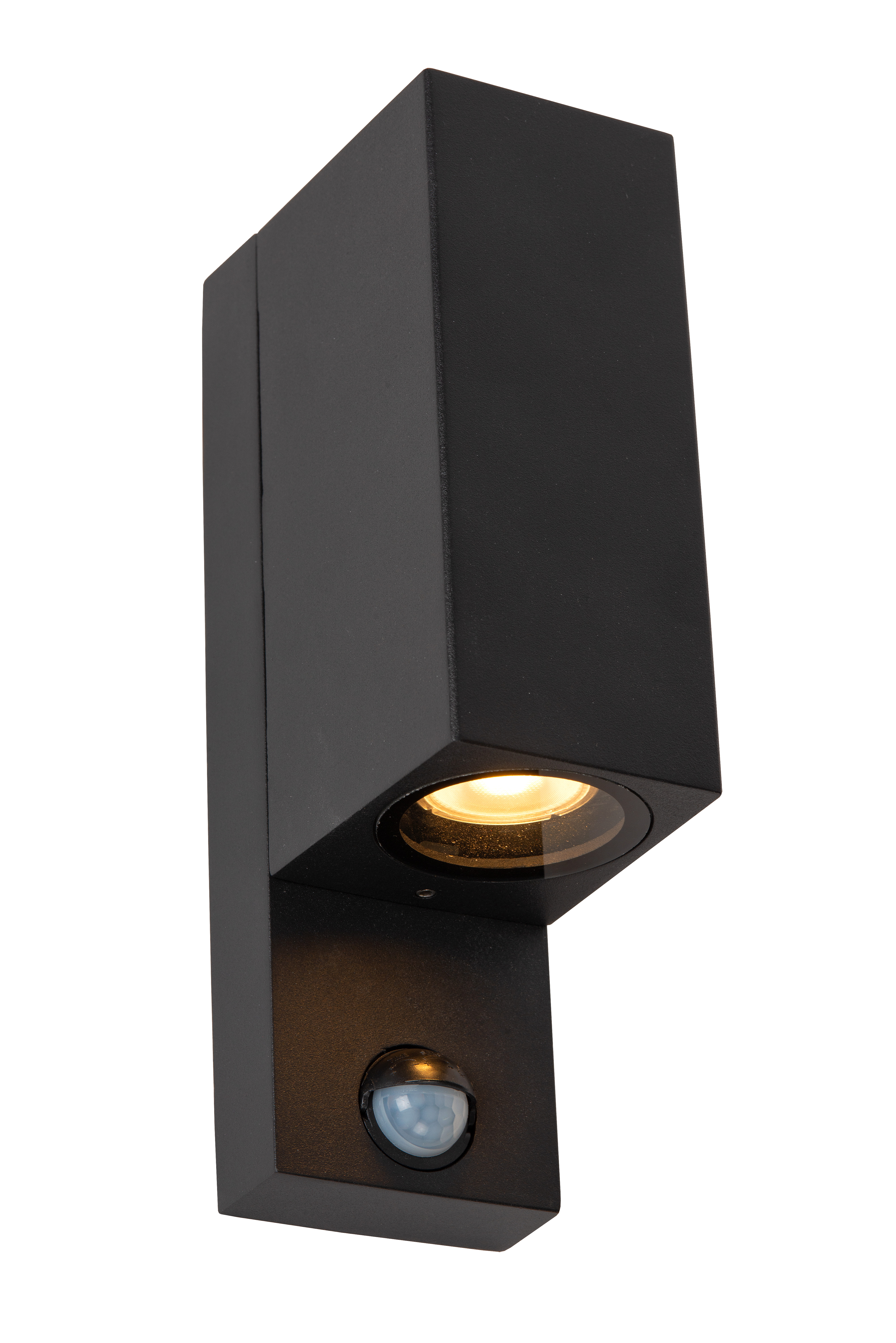 Lucide ZARO - Wandstrahler / Wandleuchte Innen/Außen - 2xGU10 (MR16) - IP65 - Bewegung und Tag/Nacht-Sensor (Abschaltbar) - Schwarz