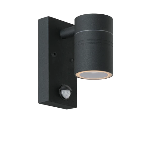 Lucide ARNE-LED IR - Wandspot / Wandlamp Binnen/Buiten - Ø 6,3 cm - LED - GU10 - 1x5W 2700K - IP44 - Beweging & dag/nacht sensor - Zwart - aangezet