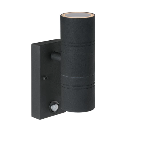 Lucide ARNE-LED IR - Wandspot / Wandlamp Binnen/Buiten - Ø 6,3 cm - LED - GU10 - 2x5W 2700K - IP44 - Beweging & dag/nacht sensor - Zwart - aangezet
