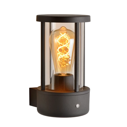Lucide LORI - Wandlamp Binnen/Buiten - Ø 12 cm - 1xE27 - IP44 - Dag/nacht sensor - Antraciet - aangezet