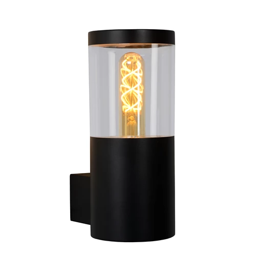 Lucide FEDOR - Wandlamp Binnen/Buiten - 1xE27 - IP44 - Zwart - aangezet