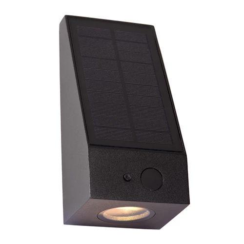 Lucide IRWIN - Wall light Indoor/Outdoor- Solar - LED Dim. - 1x2W 3000K - IP54 - Motion & Day/Night Sensor - Black - turned on