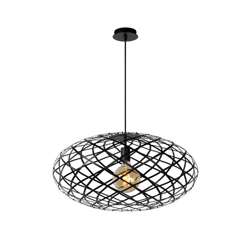Lucide WOLFRAM - Hanglamp - Ø 65 cm - 1xE27 - Zwart - aangezet