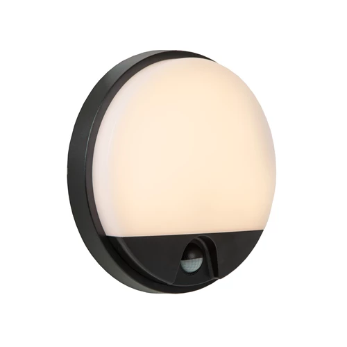 Lucide HUPS IR - Wandlamp Binnen/Buiten - Ø 21 cm - LED - 1x10W 3000K - IP54 - Bewegingssensor - Zwart - aangezet
