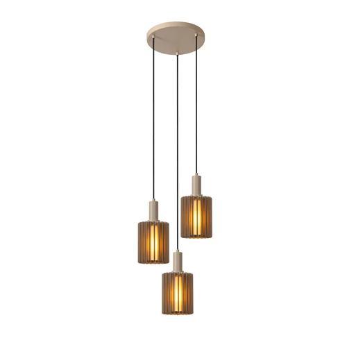 Lucide LAMBRES - Suspension - 3xE27 - Taupe - allumé 1