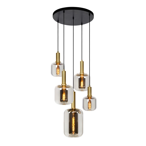 Lucide JOANET - Pendant light - Ø 66 cm - 5xE27 - Smoke Grey - turned on 5