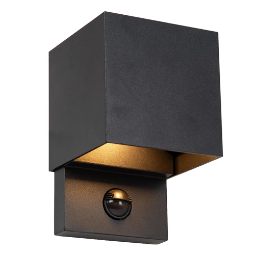 Lucide TADZIO - Applique murale Intérieur/Extérieur - LED - CCT - 1x7W 2700K/4000K - IP65 - Détecteur De Mouvement - Noir - Essential - allumé