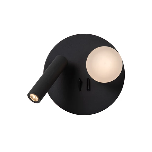 Lucide MATIZ - Bettlampe / Wandleuchte - Ø 16,5 cm - LED - 3000K - Mit USB-Ladepunkt - Schwarz - eingeschaltet