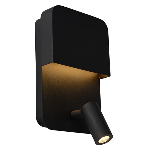 Lucide BOXER - Bedside lamp / Wall light - LED - 3000K - With USB charging point - Black - turned on