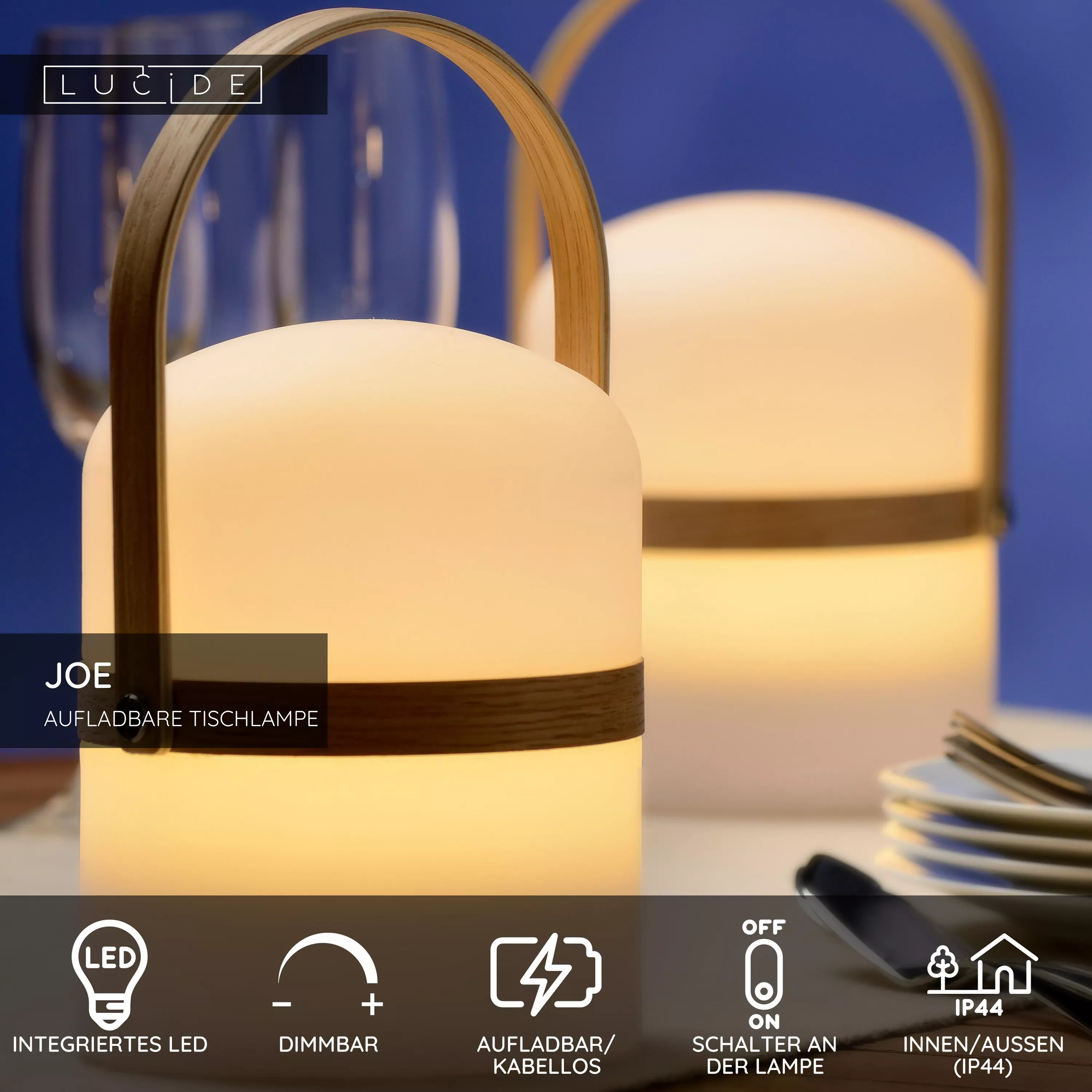 Lucide JOE - wiederaufladbare Tischlampe Innen/Außen - Akku/Batterie - Ø 14,5 cm - LED Dim. - 1x3W 3000K - IP44