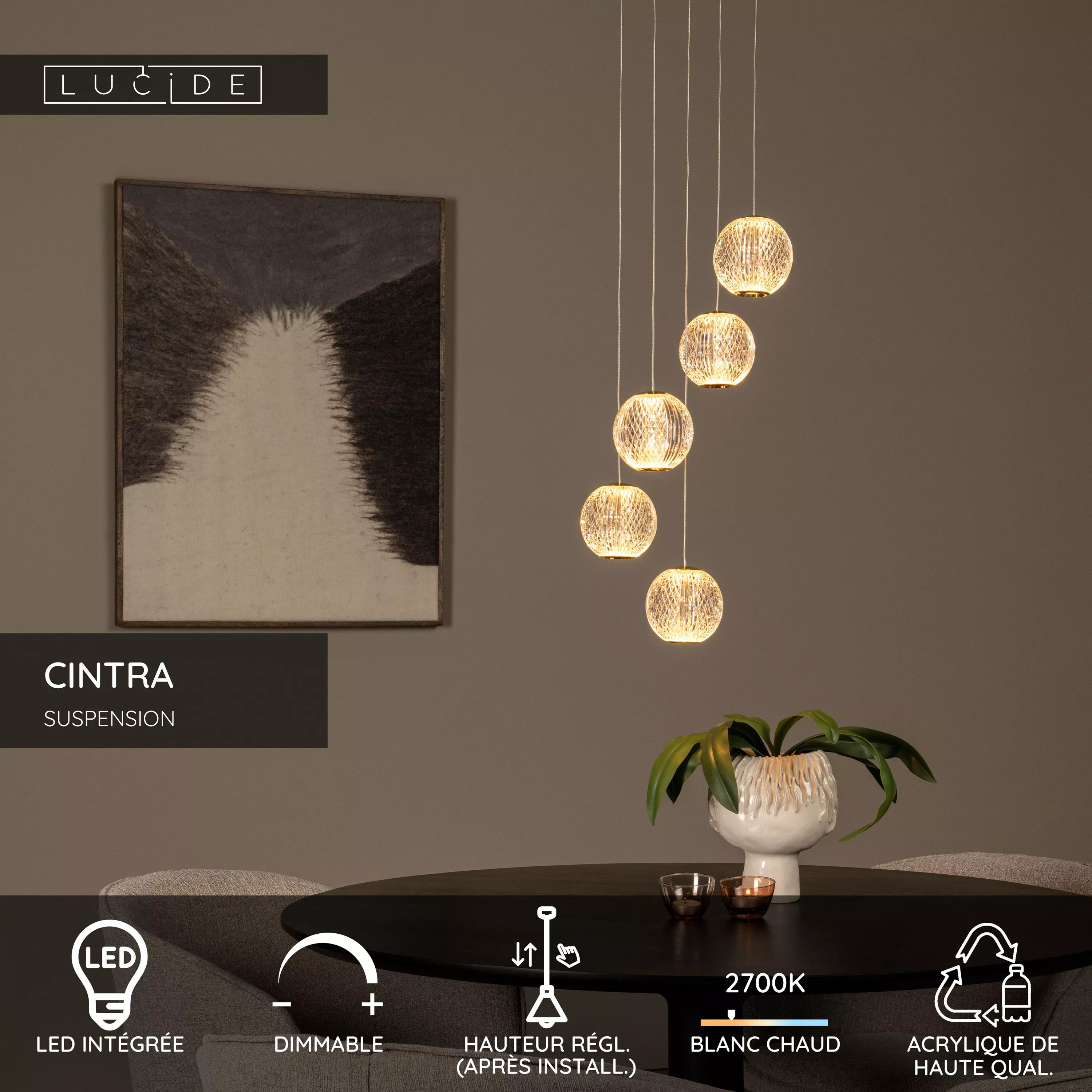 Suspension Lucide dim Cintra 3×4.7w (2700k) 25cm,transparent - Les Suspension Lucide dim Cintra 3×4.7w (2700k) 25cm,transparent - Les
