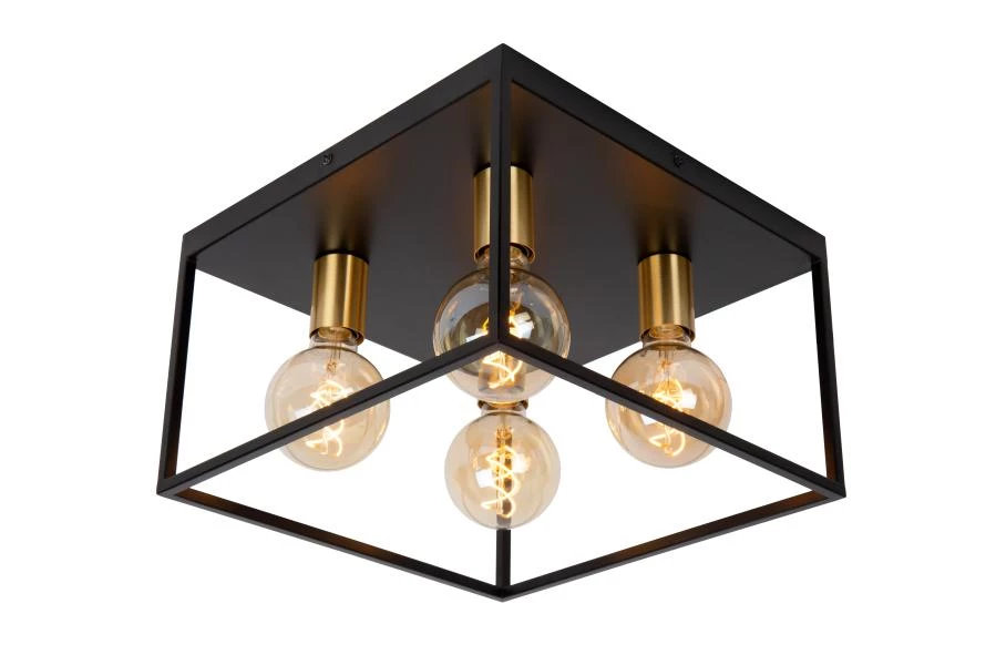 Lucide RUBEN - Flush ceiling light - 4xE27 - Black - turned on