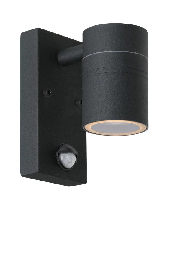 Lucide ARNE-LED IR - Wandspot / Wandlamp Binnen/Buiten - Ø 6,3 cm - LED - GU10 - 1x5W 2700K - IP44 - Beweging & dag/nacht sensor - Zwart - aangezet