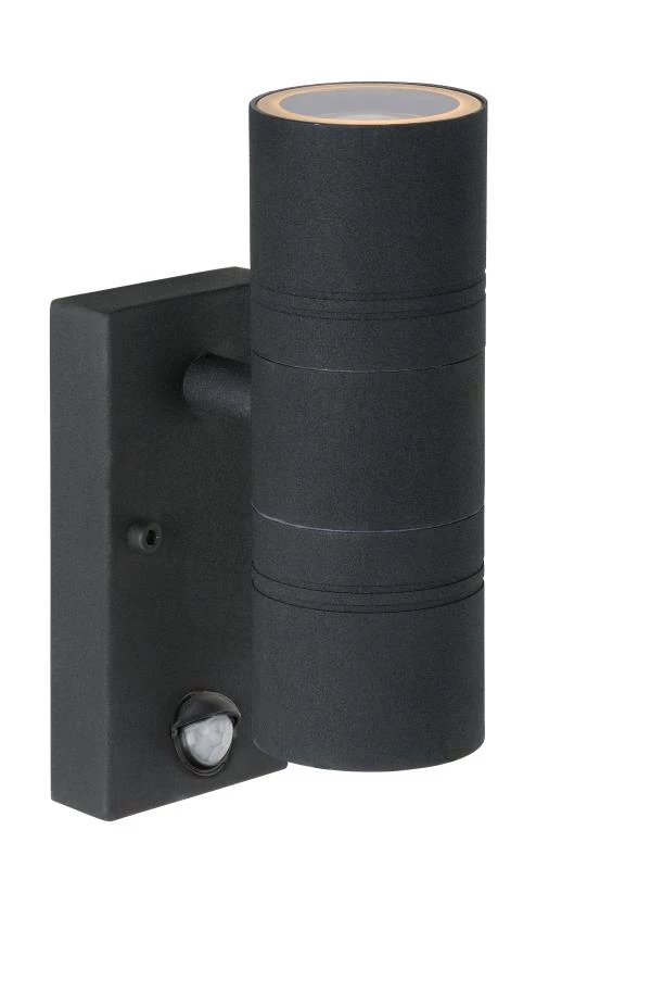 Lucide ARNE-LED IR - Wandspot / Wandlamp Binnen/Buiten - Ø 6,3 cm - LED - GU10 - 2x5W 2700K - IP44 - Beweging & dag/nacht sensor - Zwart - aangezet