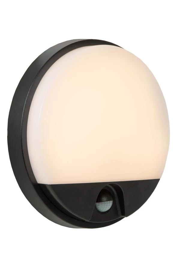 Lucide HUPS IR - Wandlamp Binnen/Buiten - Ø 21 cm - LED - 1x10W 3000K - IP54 - Beweging & dag/nacht sensor - Zwart - aangezet