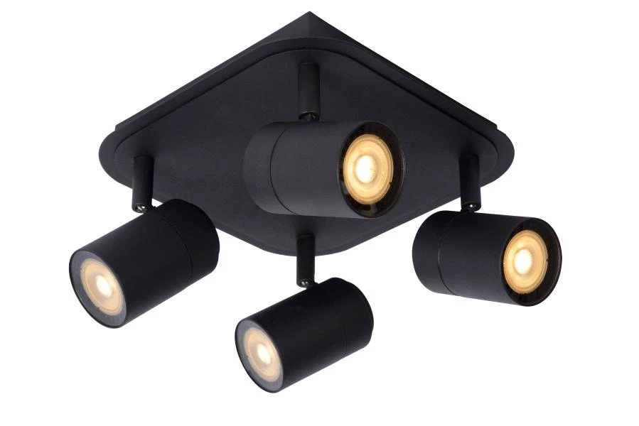 Lucide LENNERT - Deckenstrahler Badezimmer - LED Dim. - GU10 - 4x5W 3000K - IP44 - Schwarz - eingeschaltet