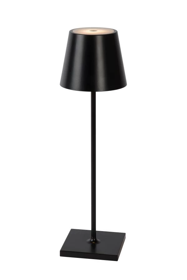 Lucide JUSTIN - Lampe de table Rechargeable Intérieur/Extérieur - Batterie/Piles - Ø 11 cm - LED Dim. - CCT - 1x2,2W 2700K/3000K - IP54 - Noir - allumé