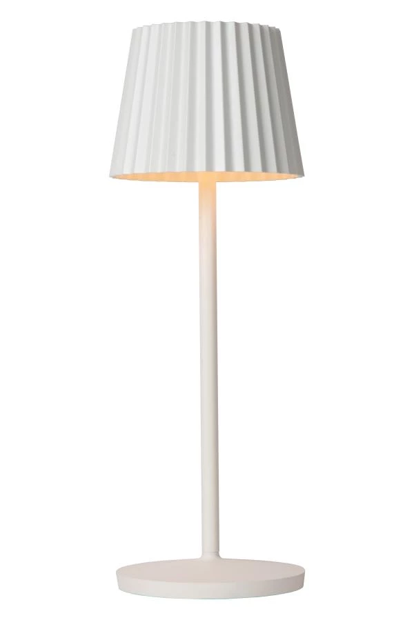 Lucide JUSTINE - Lampe de table Rechargeable Intérieur/Extérieur - Batterie/Piles - LED Dim. - 1x2W 2700K - IP54 - Avec station de charge sans fil - Blanc - allumé 1