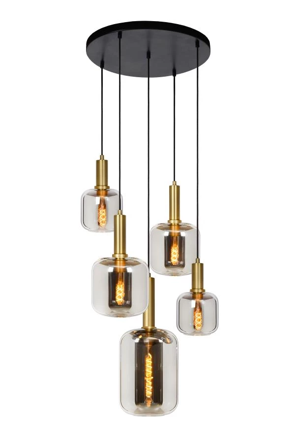 Lucide JOANET - Pendant light - Ø 66 cm - 5xE27 - Smoke Grey - turned on 5