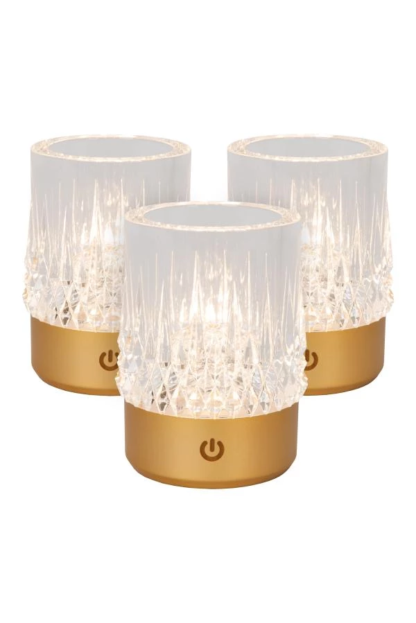 Lucide LILY - wiederaufladbare Tischlampe - Akku/Batterie - Ø 8 cm - LED Dim to warm - 1x3W 2700K/3000K - Mattes Gold / Messing - Set von 3 - eingeschaltet 2