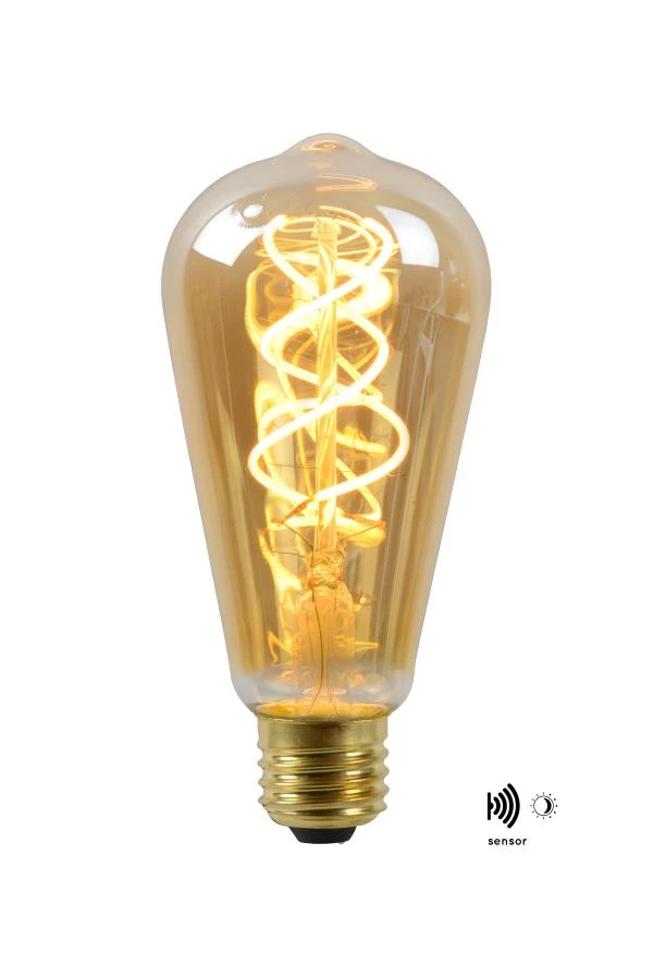 Lucide ST64 TWILIGHT SENSOR - Filament bulb - Ø 6,4 cm - LED - E27 - 1x4W 2200K - Day/Night Sensor - Amber - turned on 2