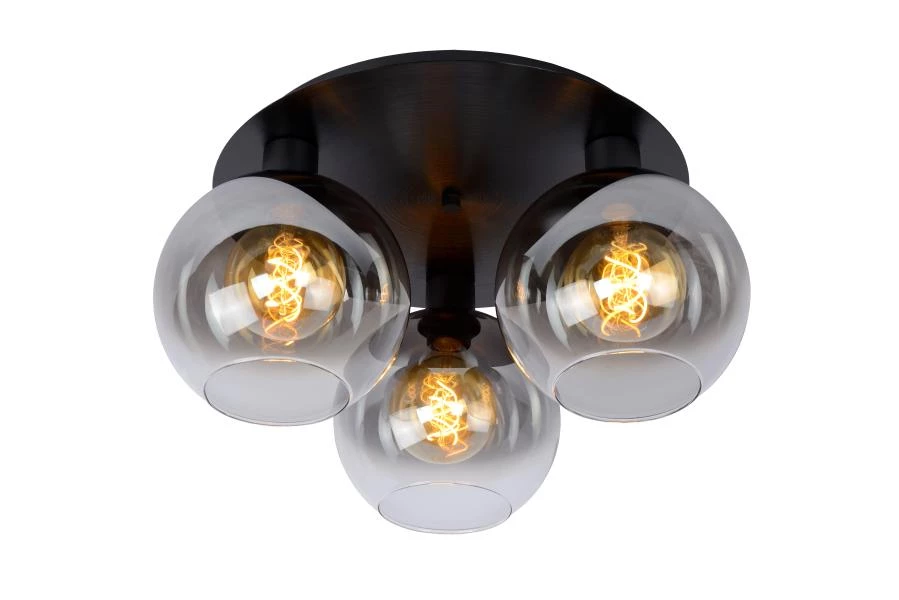 Lucide MARIUS - Flush ceiling light - 3xE27 - Black - turned on