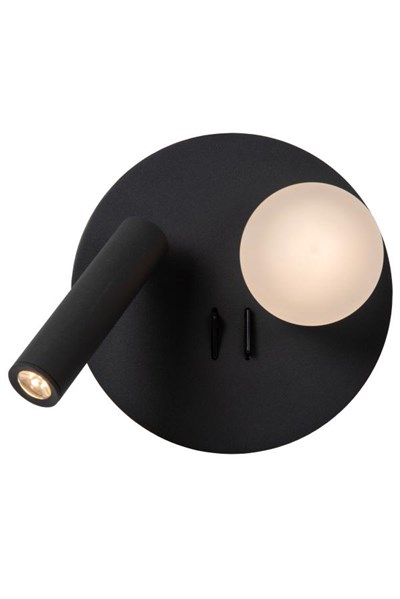Lucide MATIZ - Lámpara de cabecera / Lámpara de pared - Ø 16,5 cm - LED - 3000K - Con punto de carga USB - Negro