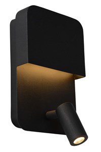 Lucide BOXER - Bedlamp / Wandlamp - LED - 3000K - Met USB oplaadpunt - Zwart aangezet