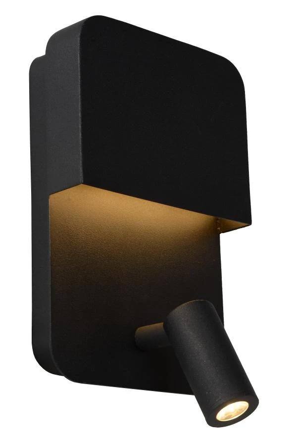 Lucide BOXER - Bedlamp / Wandlamp - LED - 3000K - Met USB oplaadpunt - Zwart - aangezet